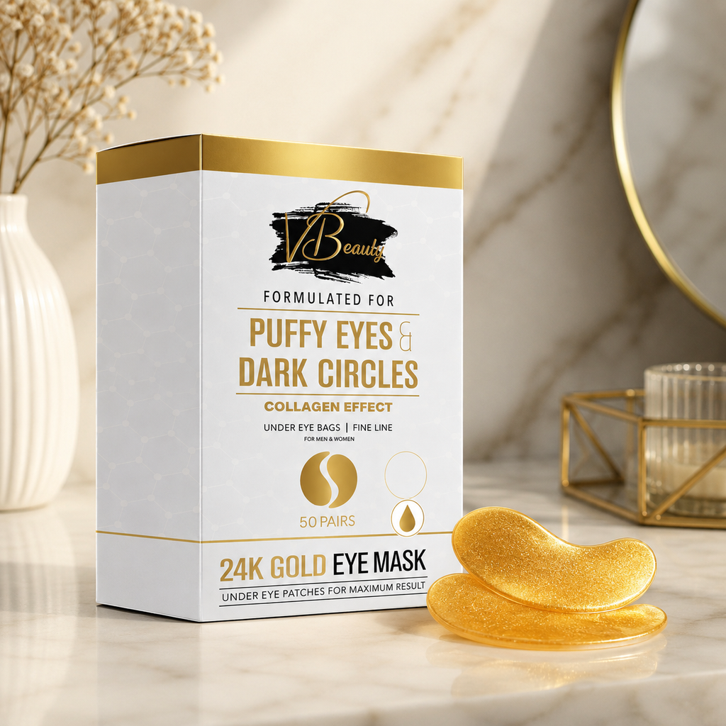 24K Gold Eye Mask packaging with gold eye masks.