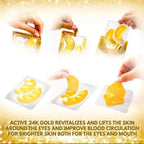 Gold eye patches being applied with text about their benefits.