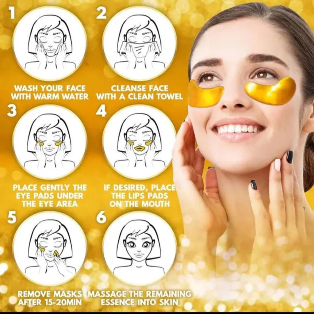 Woman applying eye masks with step-by-step instructions.