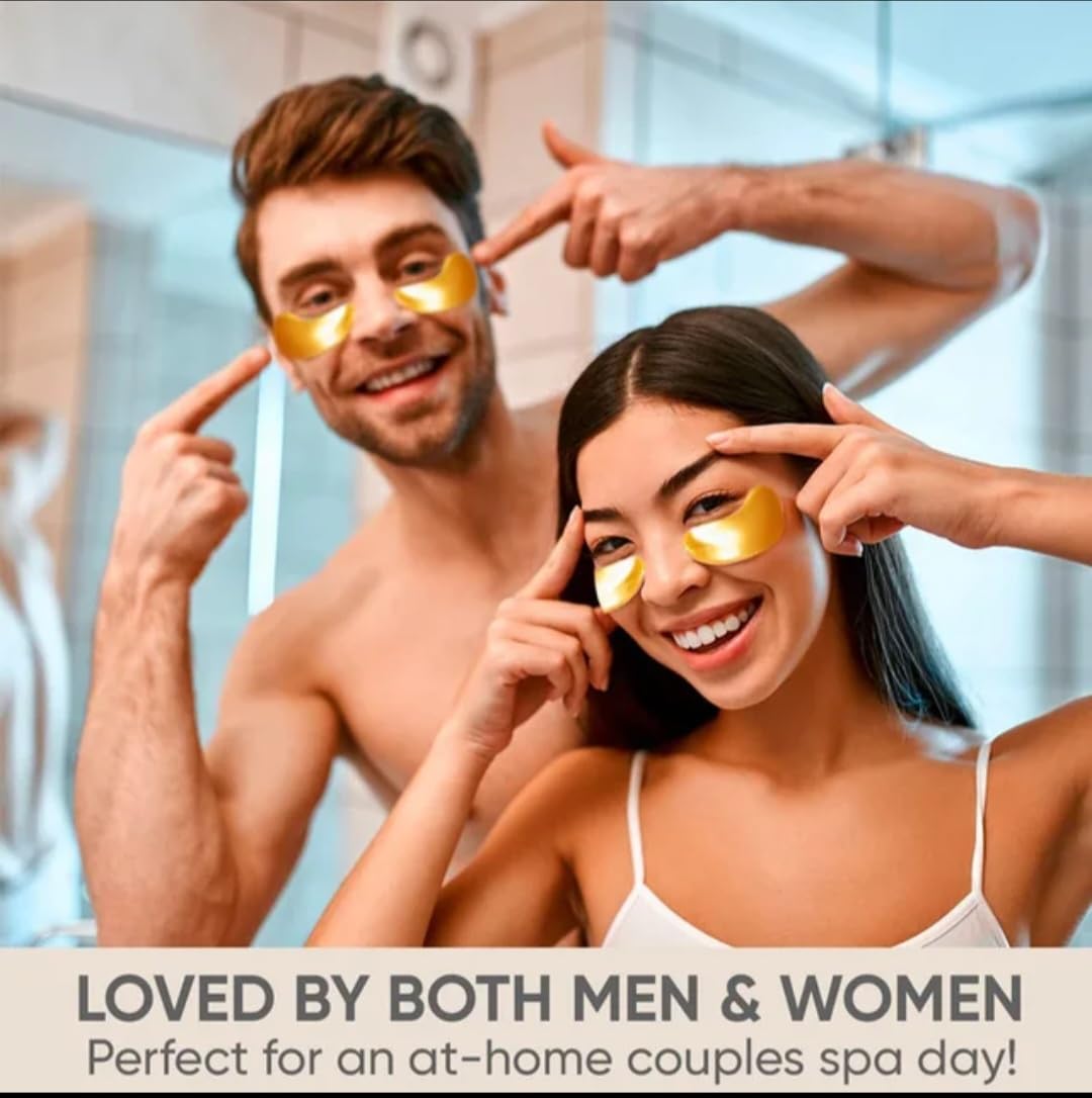 Man and woman with gold eye masks, pointing to their eyes, in a bathroom setting.