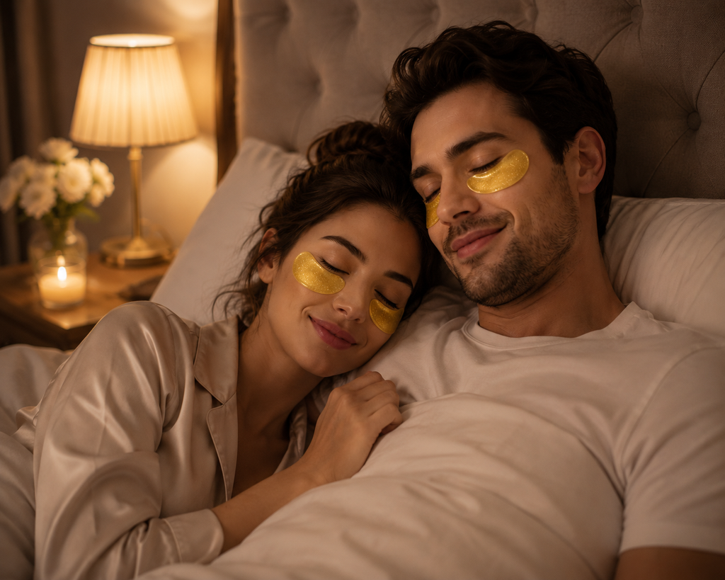 Couple lying in bed with eye masks on.