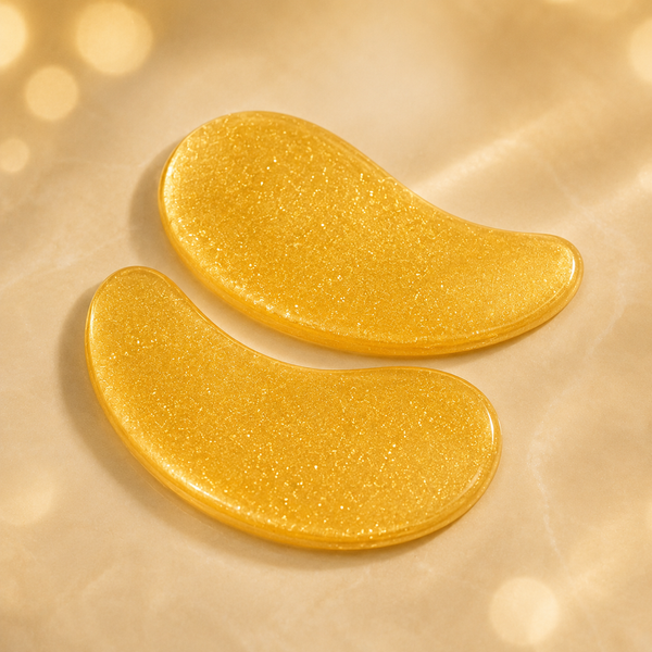 Two gold eye patches on a reflective gold surface with a blurred background
