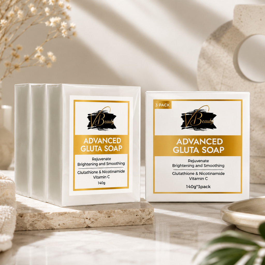 Two boxes of Advanced Gluta Soap with decorative elements in the background