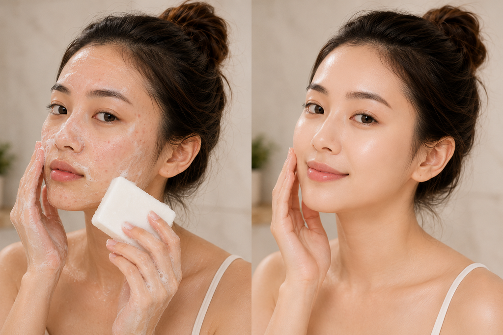 Before and after comparison of a woman applying skincare product to her face.