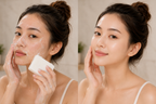 Before and after comparison of a woman applying skincare product to her face.