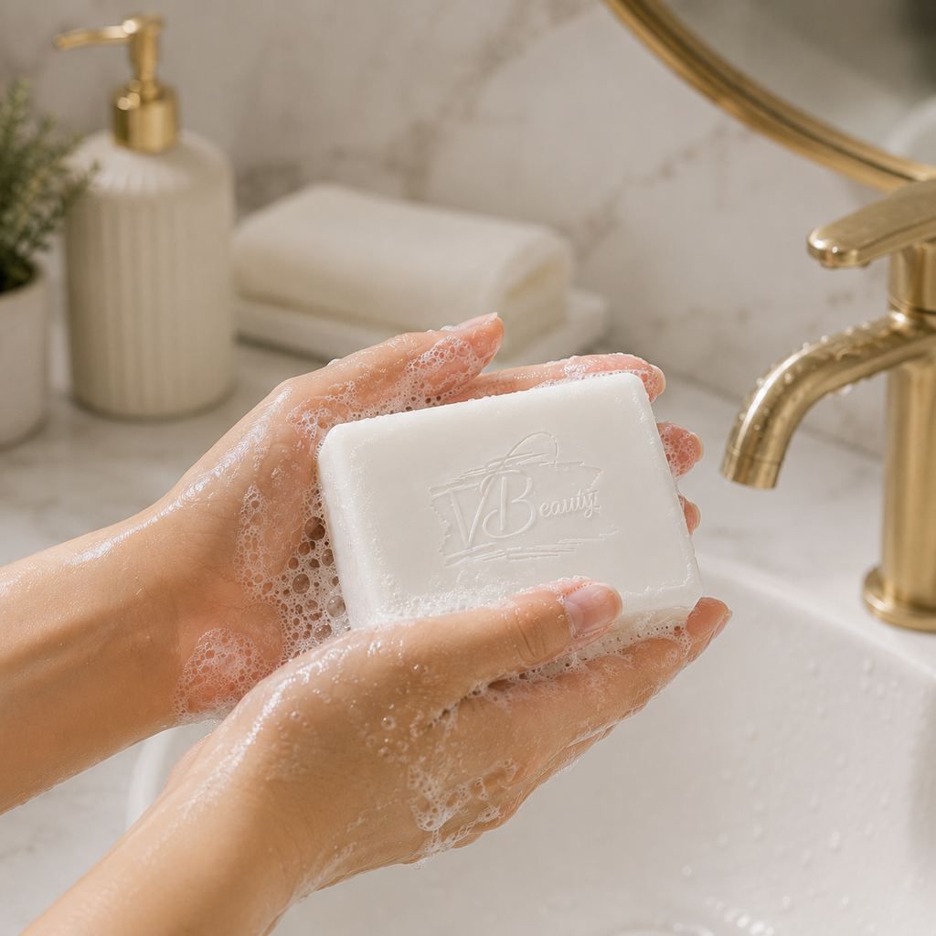 Person holding a bar of soap in the bathroom