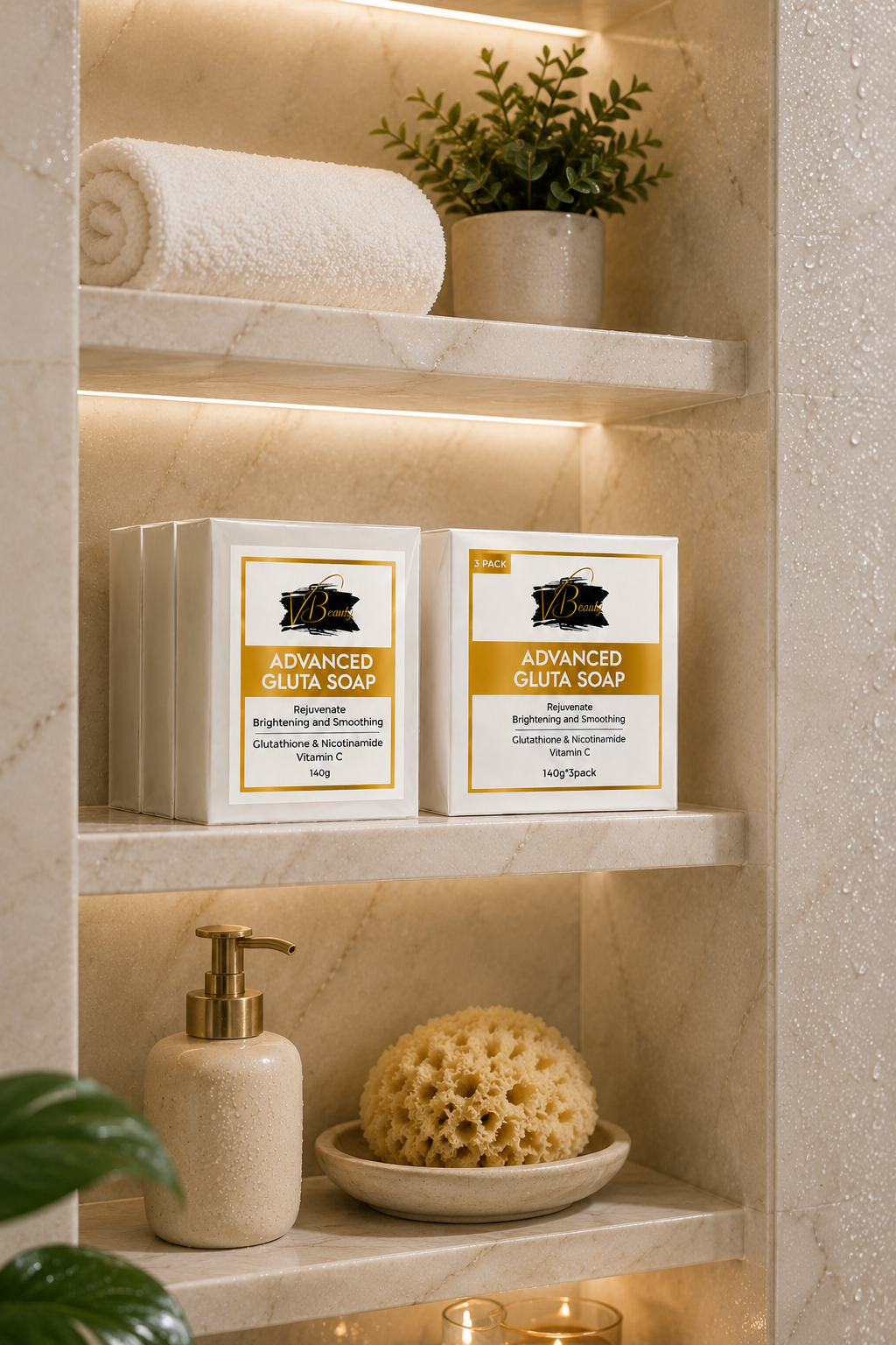Shelf with 'Advanced Gluta Soap' packaging, a dispenser, and a sponge in a bathroom setting.