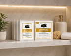 Two boxes of 'Advanced Gluta Soap' on a bathroom shelf with a plant and soap dispenser.