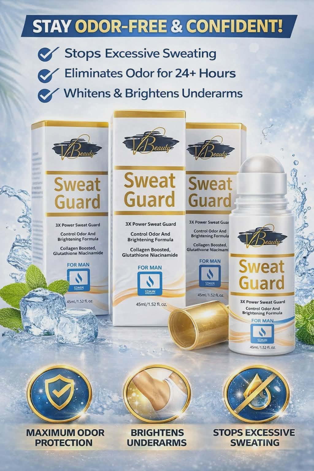 Sweat Guard product packaging with text highlighting features on a blue background.