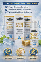 Sweat Guard product packaging with text highlighting features on a blue background.
