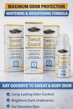 Sweat Guard product packaging with text on maximum odor protection and whitening.