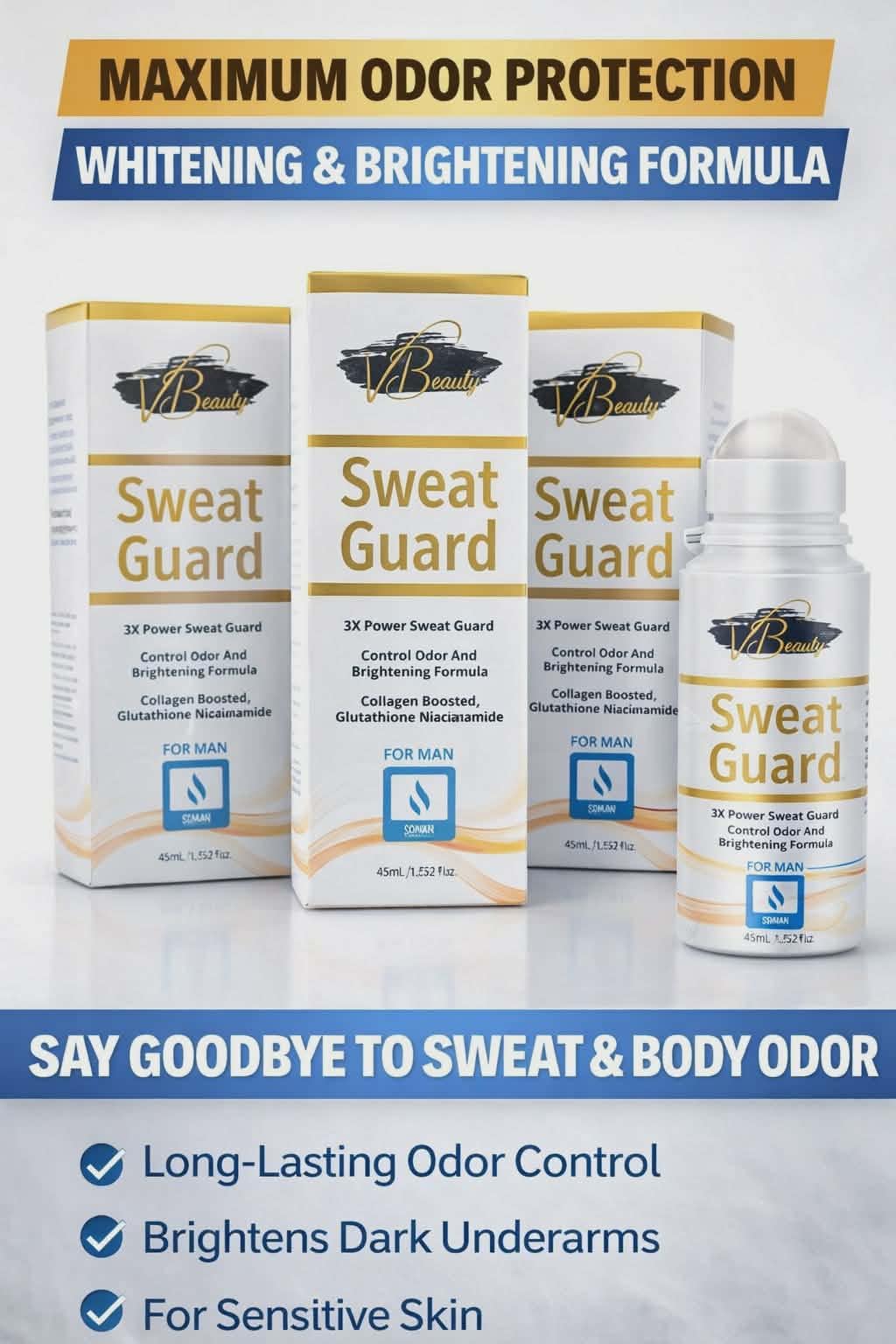 Sweat Guard product packaging with text on maximum odor protection and whitening.