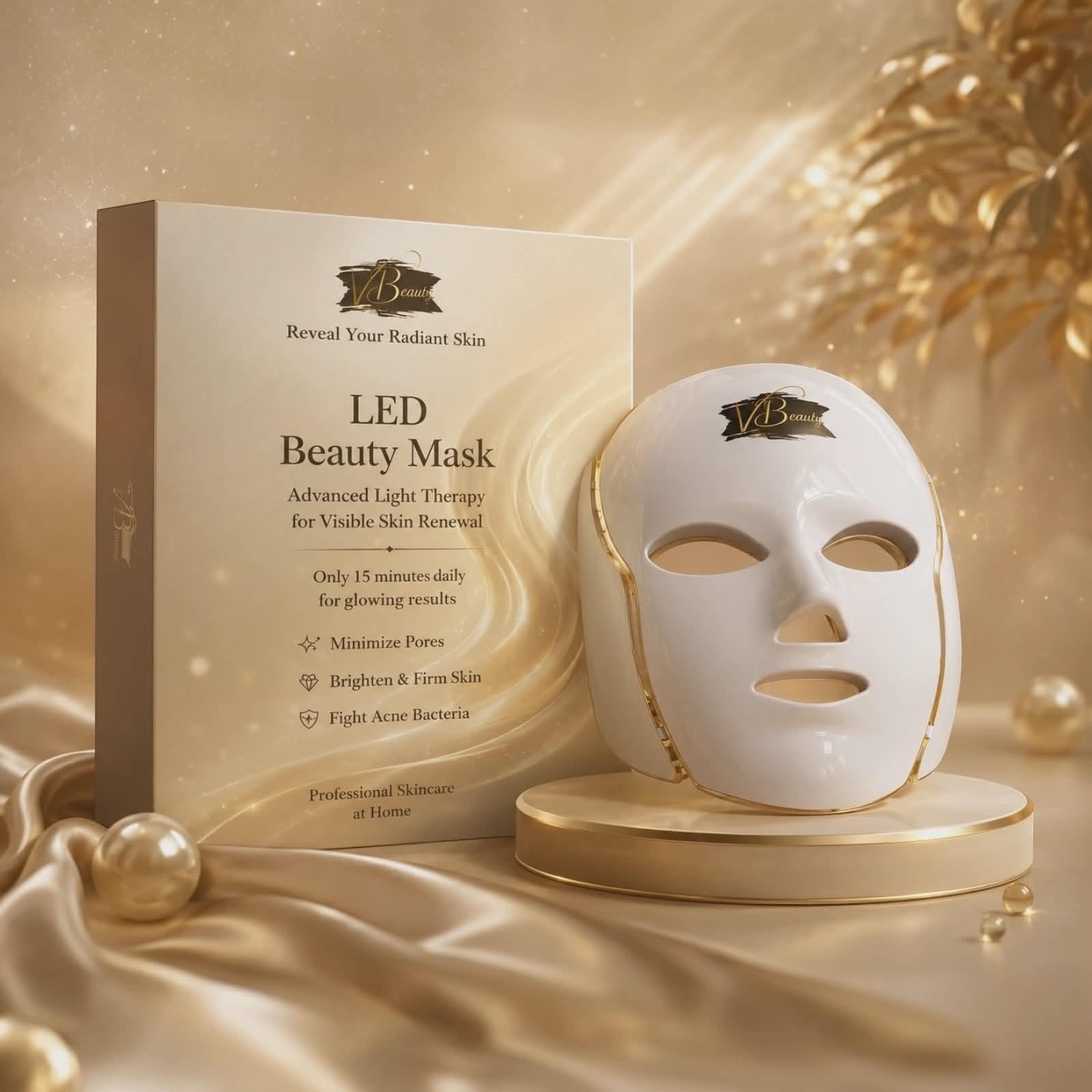 LED beauty mask with packaging on a luxurious gold background