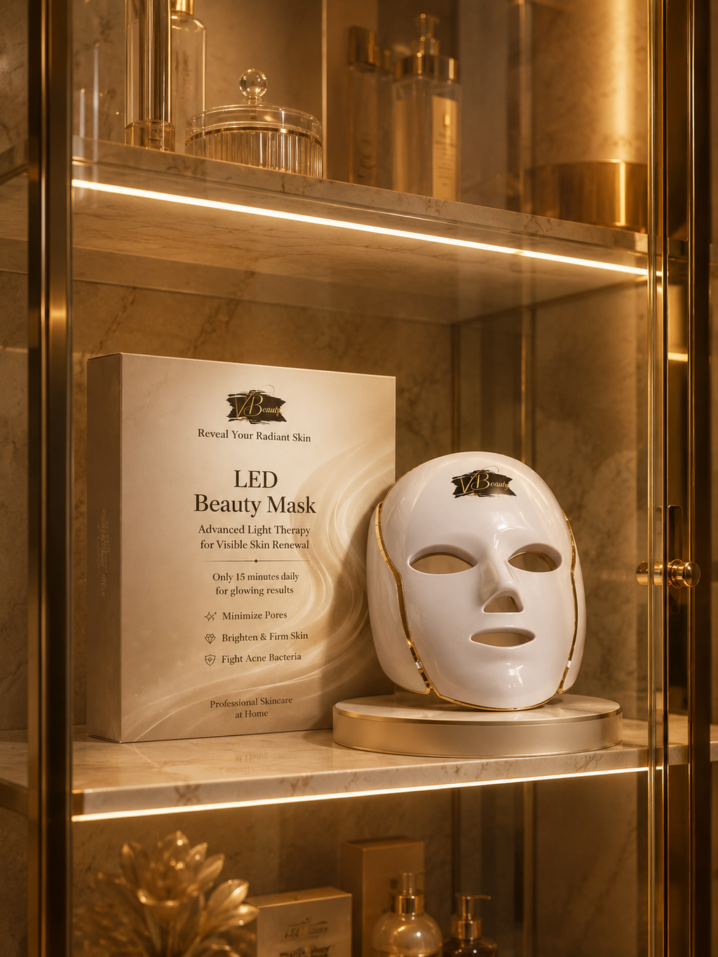 LED beauty mask on a shelf with packaging in a decorative setting