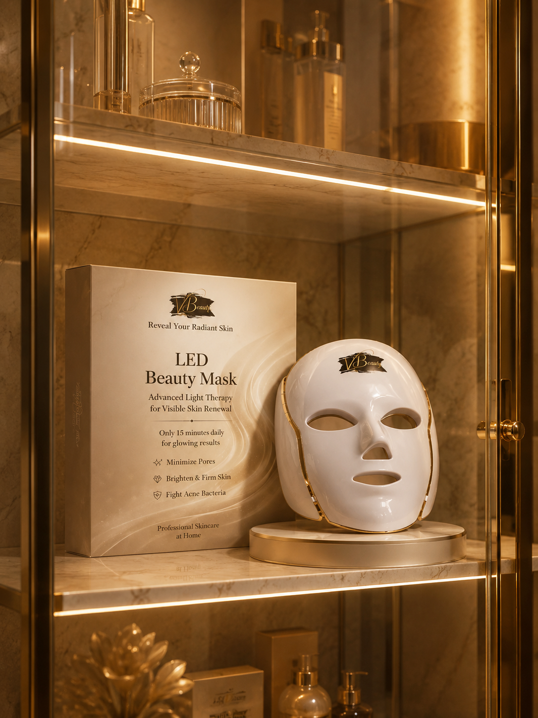 LED beauty mask on a shelf with packaging in a decorative setting