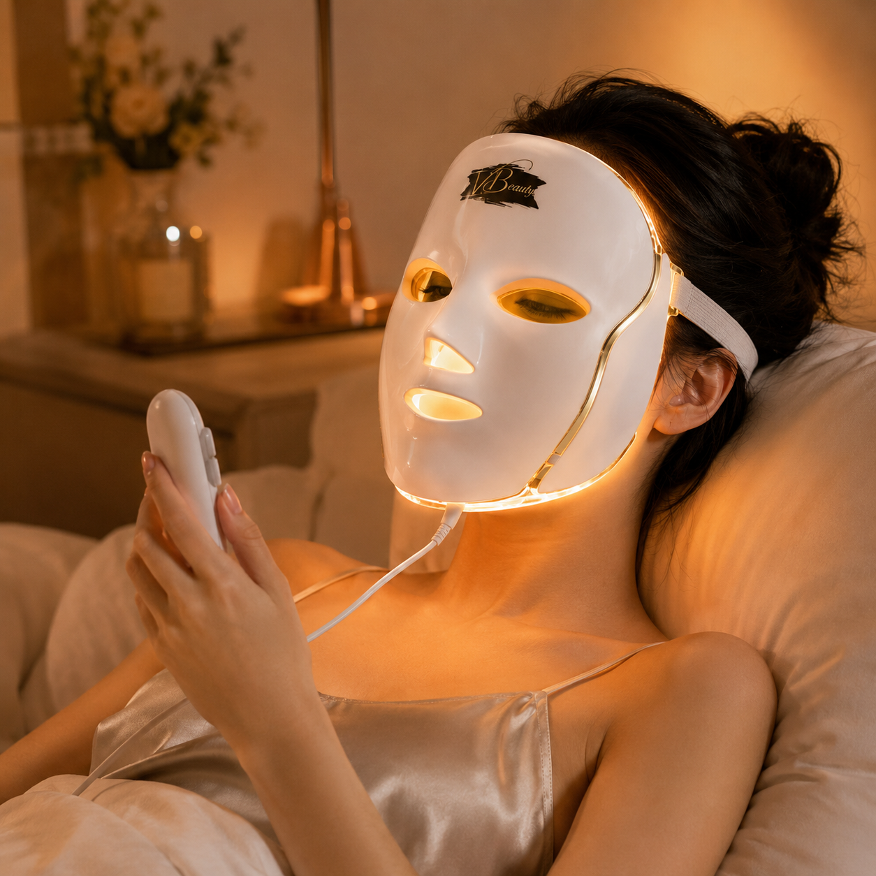 Person using a LED face mask with remote control in a cozy room.