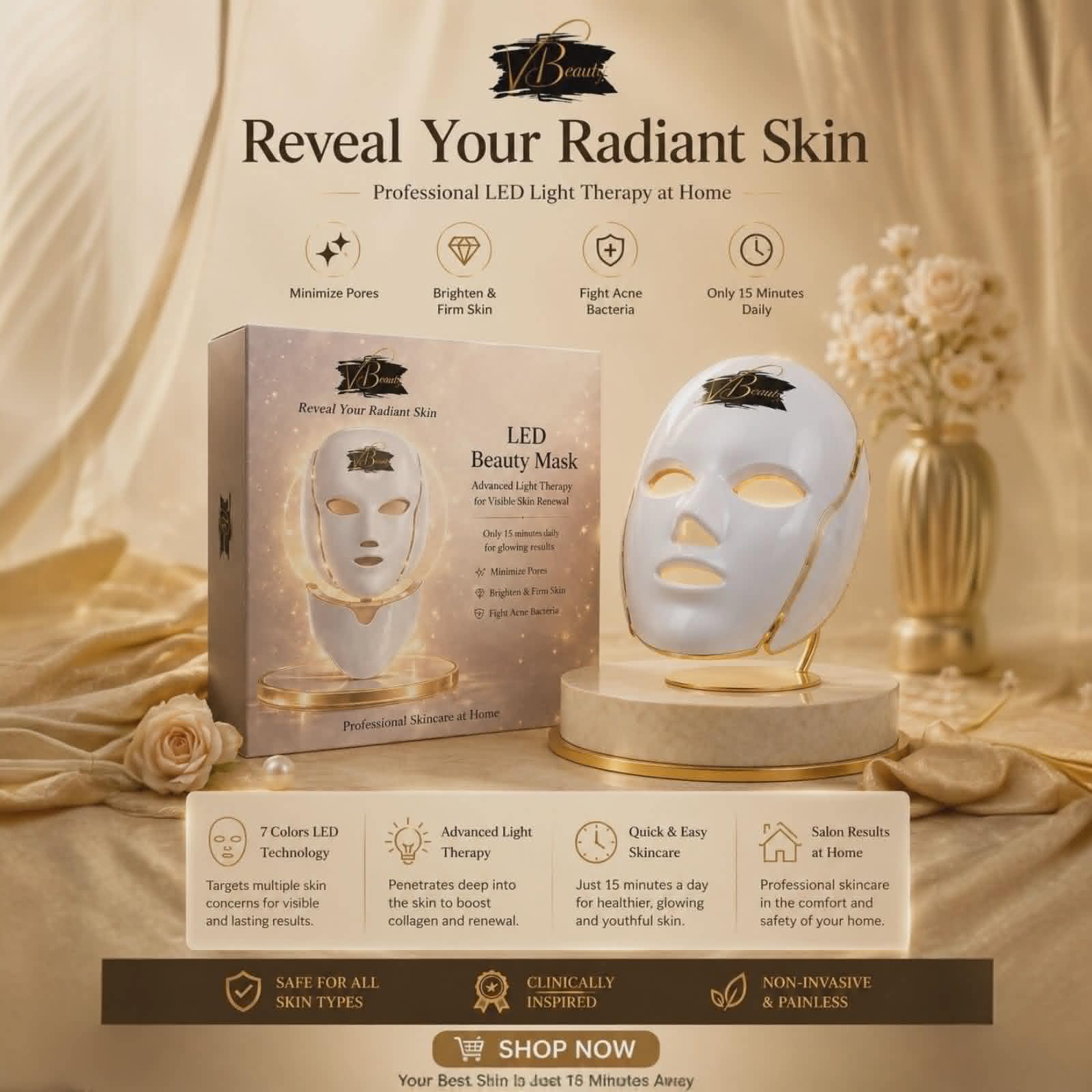 LED beauty mask with packaging on a beige background