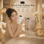 Woman holding an LED beauty mask with product packaging in a luxurious setting