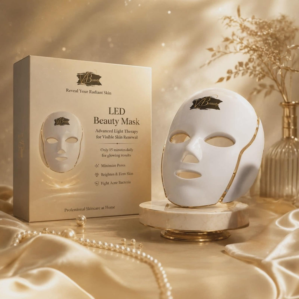 LED beauty mask with packaging on a soft, neutral background