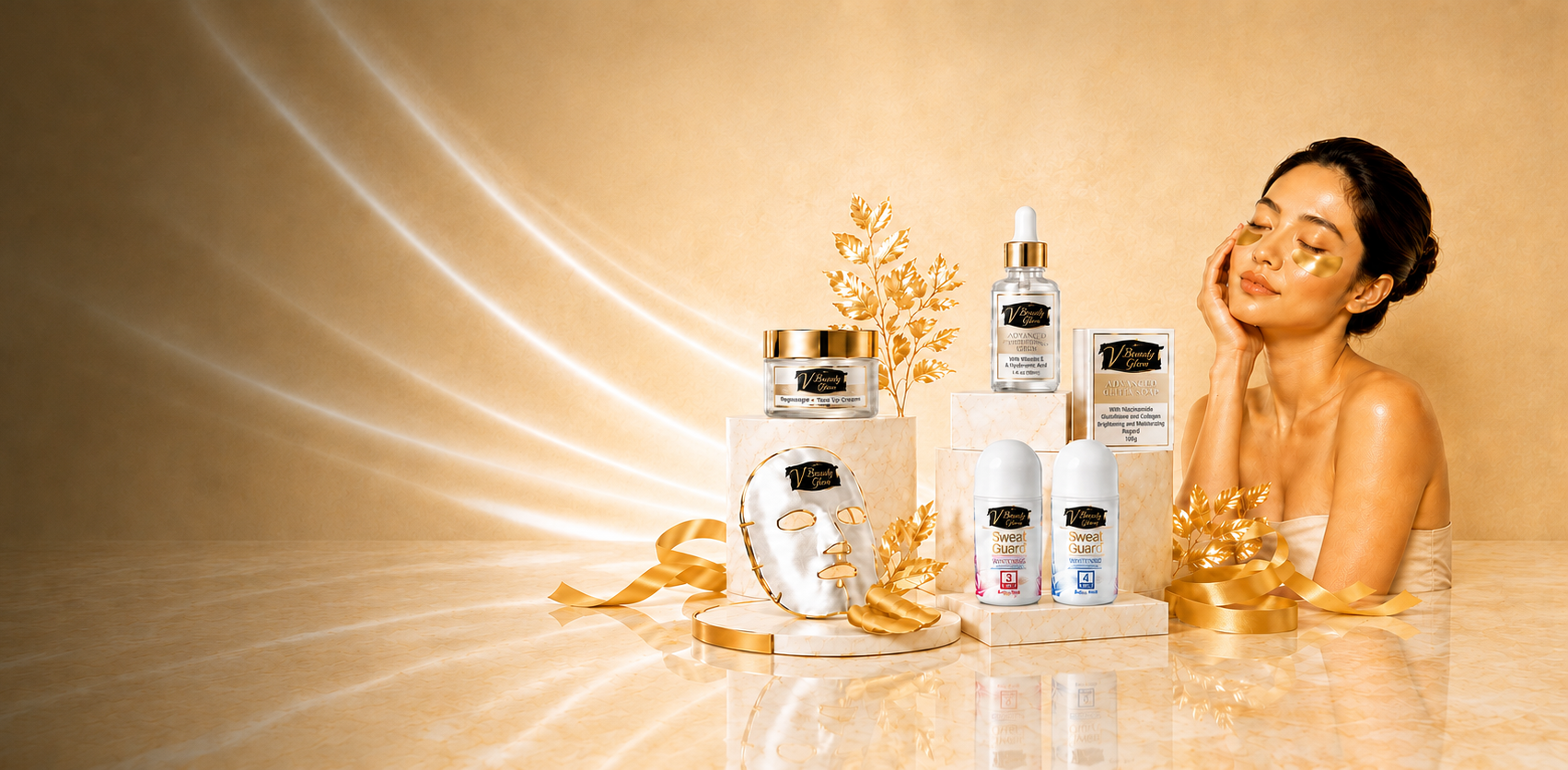 Skincare products on a reflective surface with a woman in the background